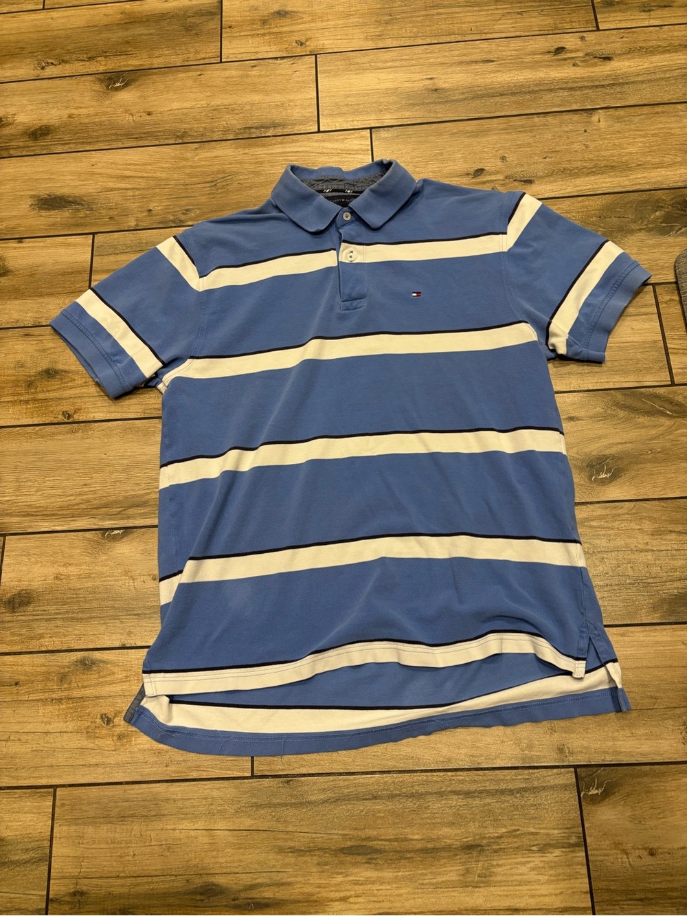 Y2K Tommy Hilfiger Blue & White Striped Short Sleeve Polo Shirt Mens XL